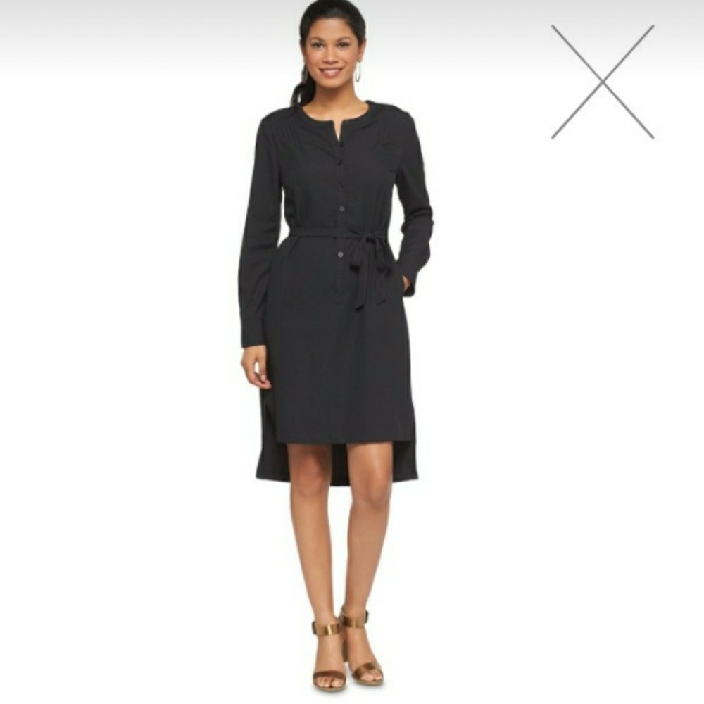 Merona XS Belted Shirt Dress Black Step Hem Henley Pleats